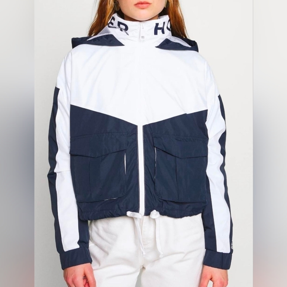 Hollister Navy and White Hooded Jacket